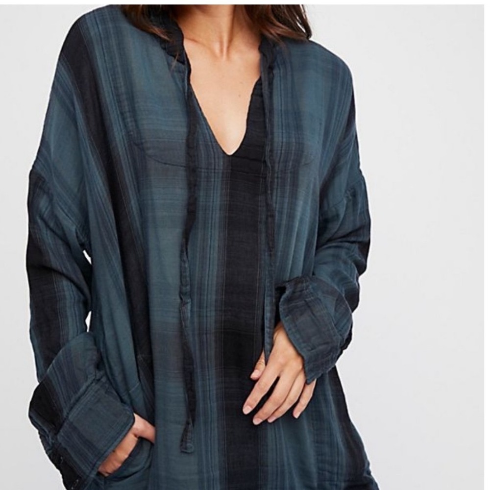 Free‎ People CP Shades Blue Plaid Cotton Gauze Hoodie Pullover Top Womens Medium
